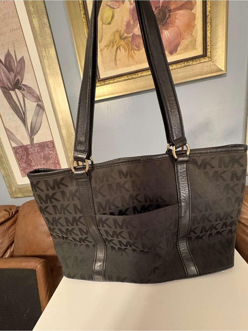 Michael Kors Black Logo Jacquard Tote with Gold MK Charm - Picture 4 of 8